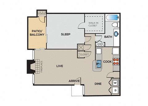 Floor plan for 1 bed, 1 bath, 739 sqft